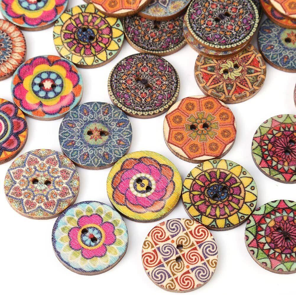Set 50 Bottoni VINTAGE Fiori in legno 2 fori colorati misti cucito fai da te