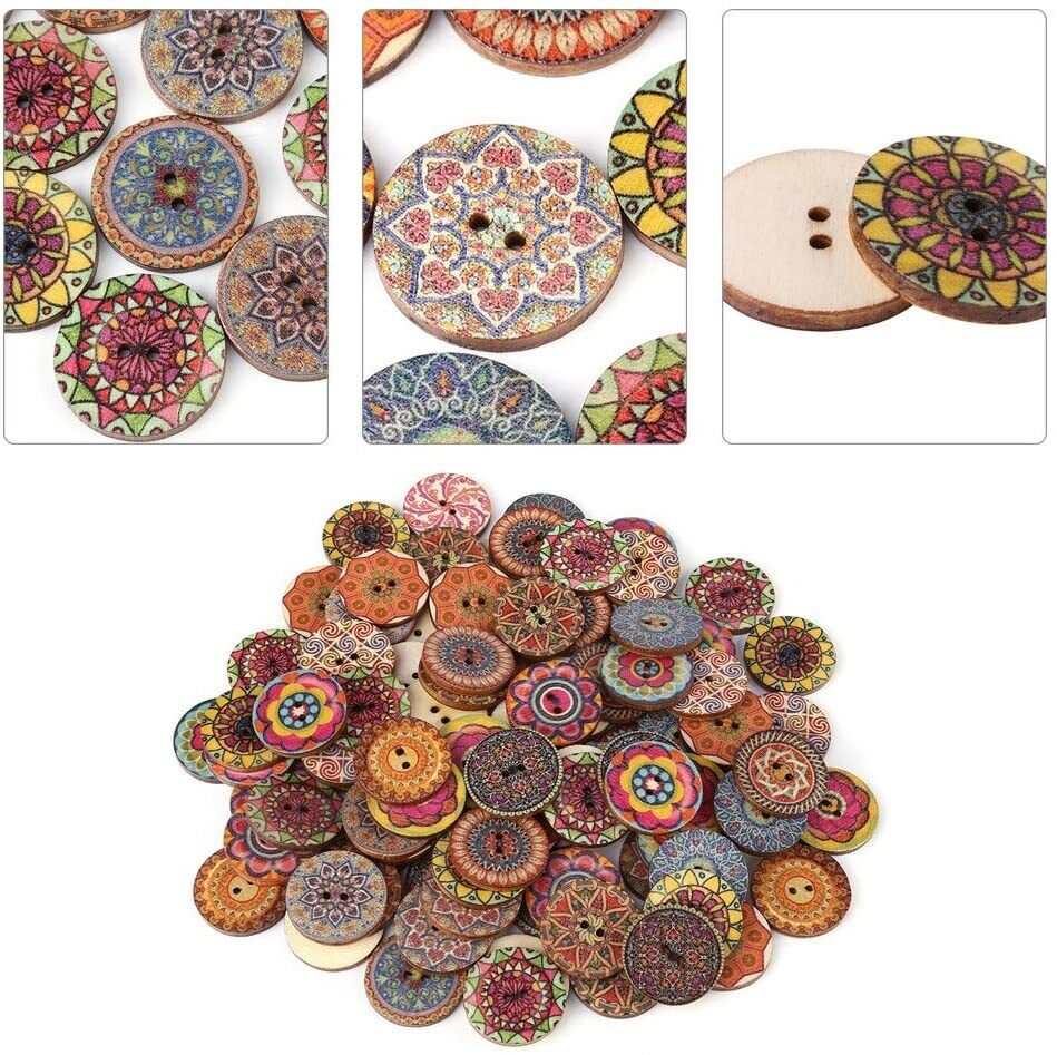 Set 50 Bottoni VINTAGE Fiori in legno 2 fori colorati misti cucito fai da te