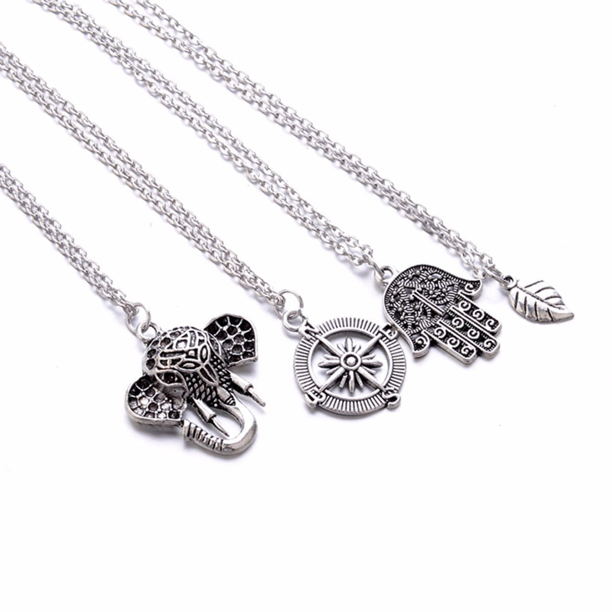 Collana da Donna lunga Mano di Fatima Elefante Bussola Hamsa piuma portafortuna