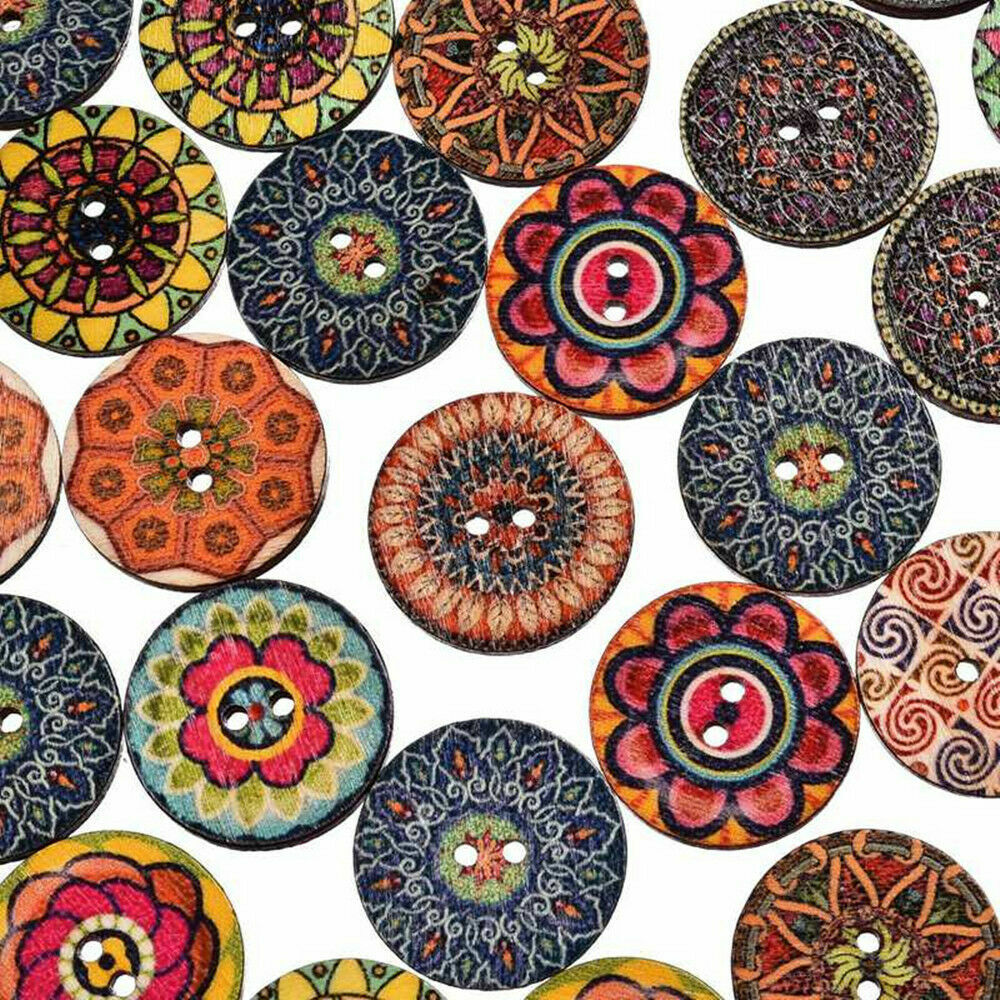 Set 50 Bottoni VINTAGE Fiori in legno 2 fori colorati misti cucito fai da te