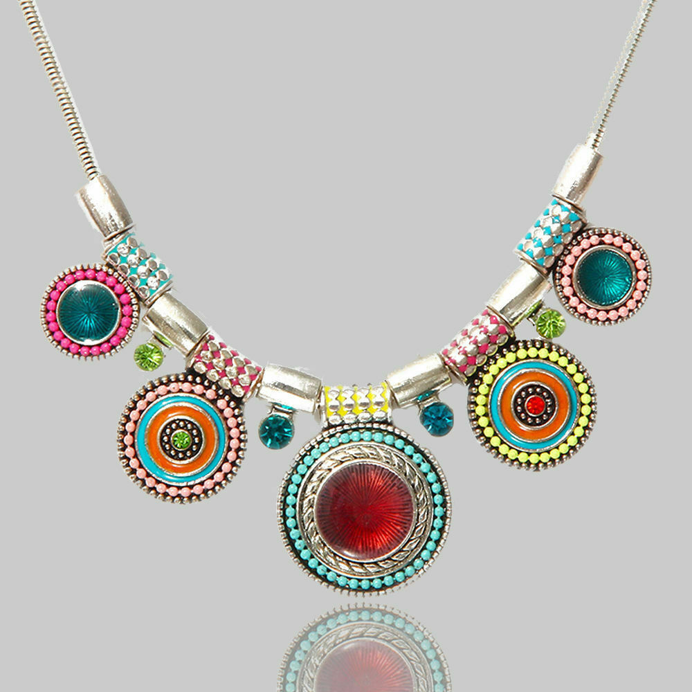 Collana VINTAGE Donna con pendente Cerchi Colorati Cerchio Retrò Pietre Hipster