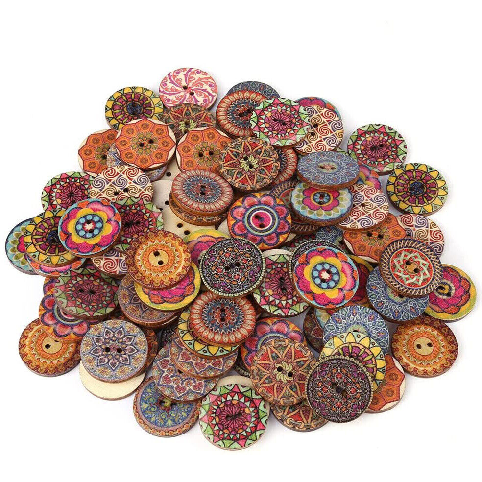 Set 50 Bottoni VINTAGE Fiori in legno 2 fori colorati misti cucito fai da te