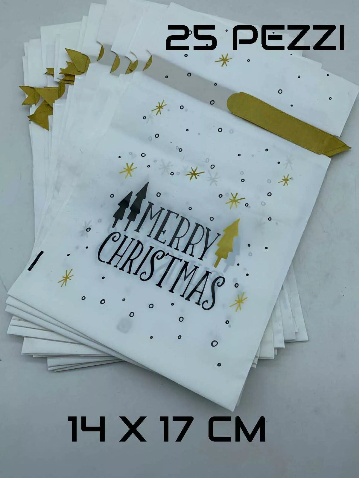 Kit 25 buste plastica di Natale 14x17 scritta Merry Christmas regalo natalizie