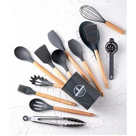 Set Di 12 Utensili Da Cucina In Silicone - Con Manico In Legno E Secchiello Di Stoccaggio