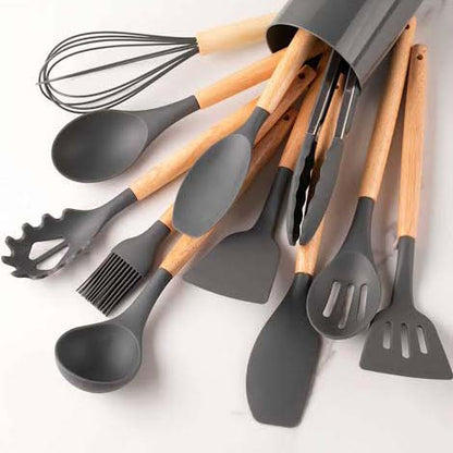 Set Di 12 Utensili Da Cucina In Silicone - Con Manico In Legno E Secchiello Di Stoccaggio