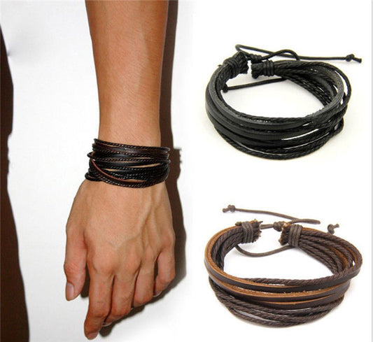 Set 2 Braccialetti UOMO in PELLE Col. MARRONE e NERO Bracciale CUOIO intrecciato