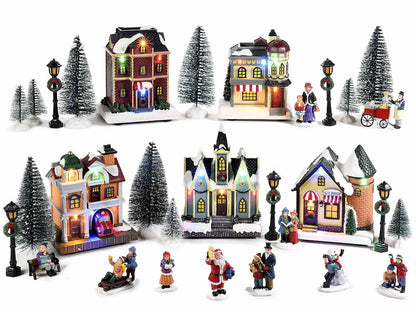 Set Villaggio natalizio componibile da 30 pz in resina con luci Natale 5 Case