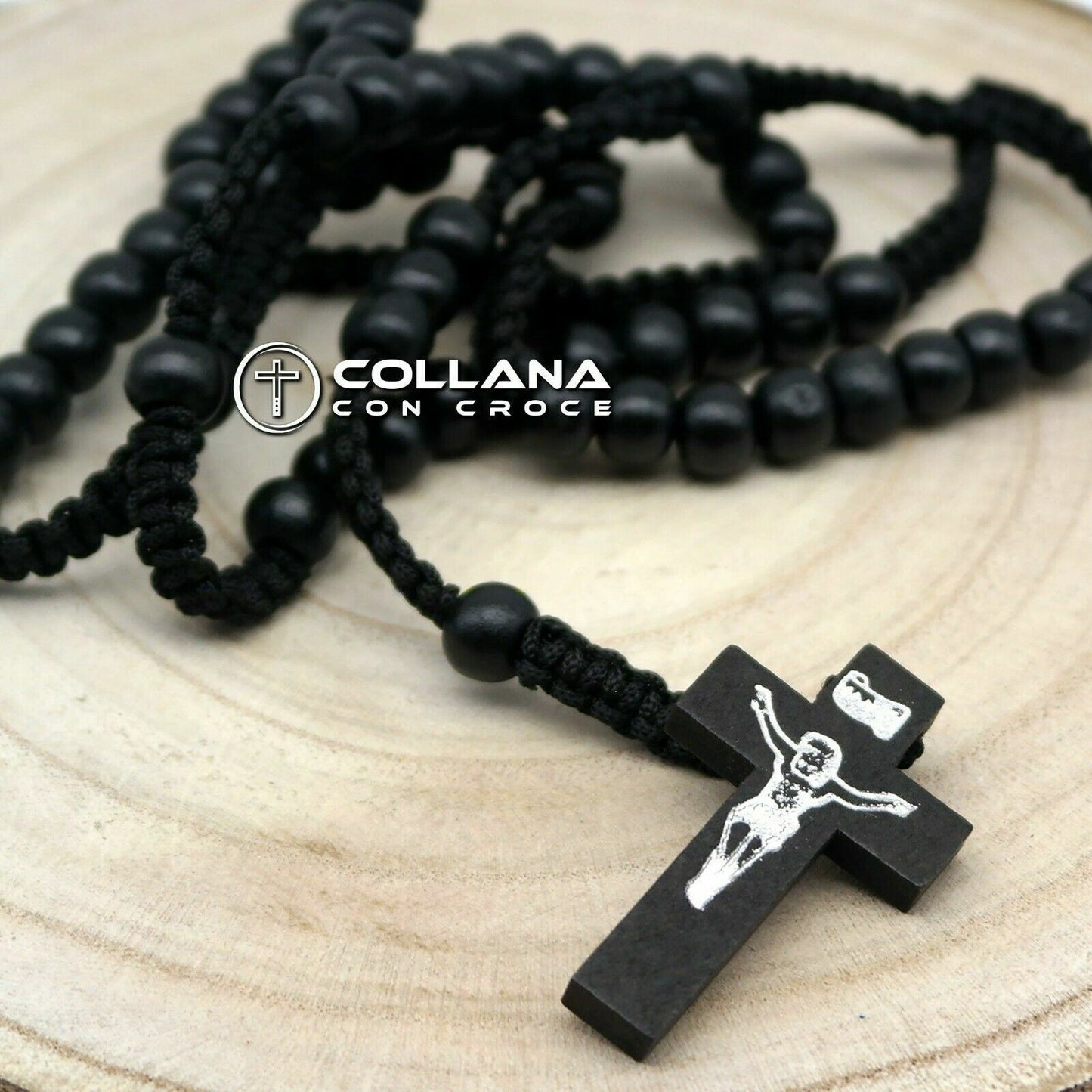 Collana Rosario in legno con perline nero e Crocifisso da Uomo per Donna Croce