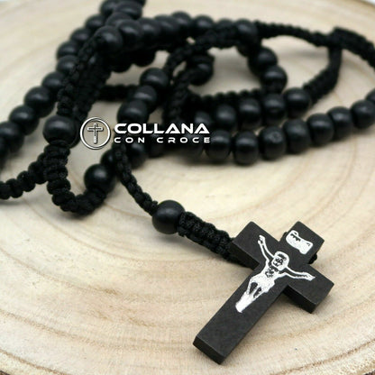 Collana Rosario in legno con perline nero e Crocifisso da Uomo per Donna Croce