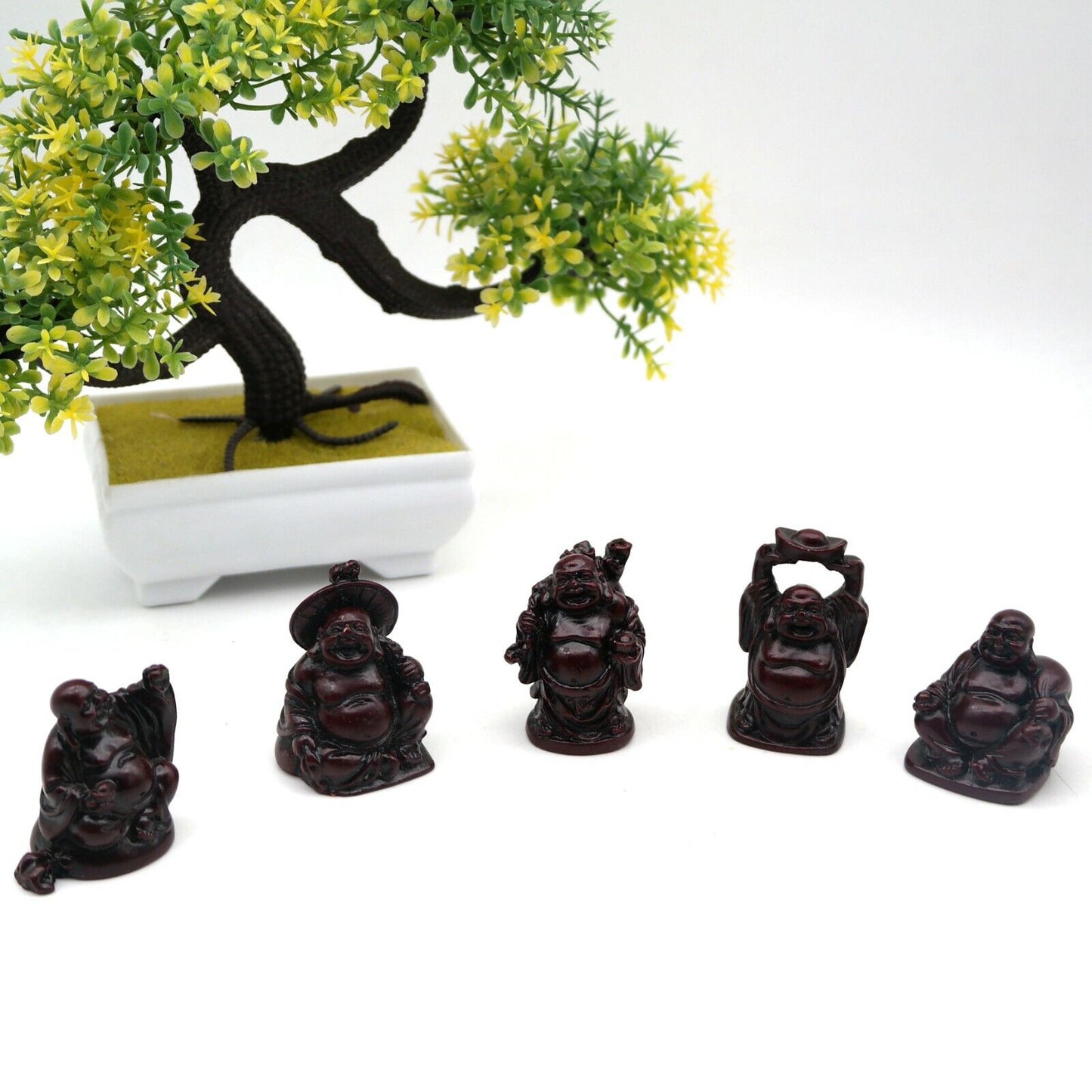 Set 5 Statua del Buddha che ride Etnico India Rosso Budda Ganesh Resina Fortuna