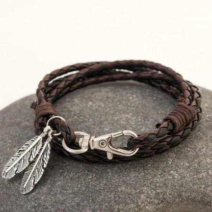 Bracciale Braccialetto UOMO Intrecciato in ecopelle Piume Indiano Portafortuna