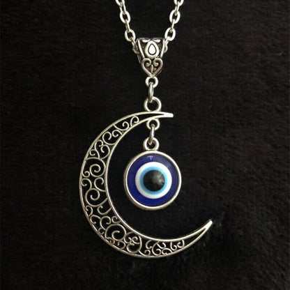 Collana con Ciondolo Luna e occhio Blu Hamsa Pendente color silver