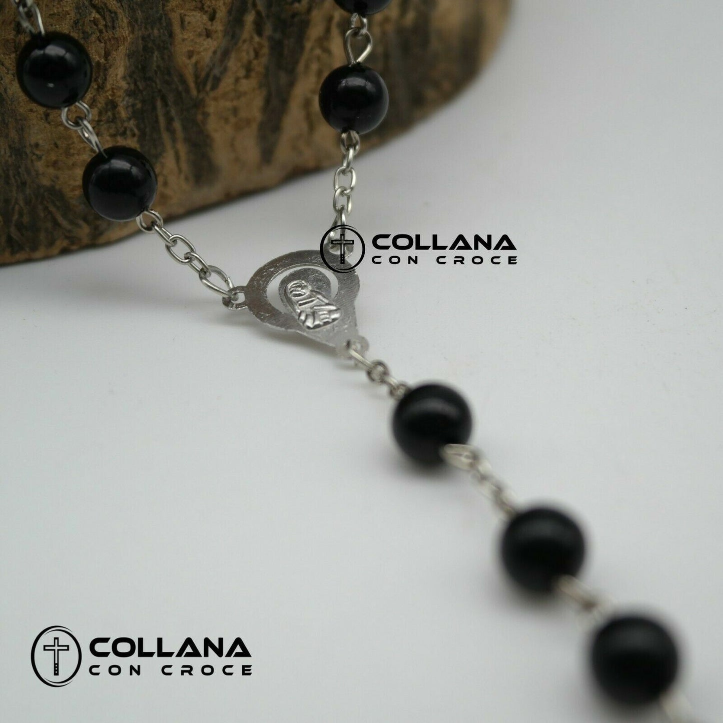 Collana lunga con perline nere Crocifisso e Maria da Donna Croce Rosario Uomo