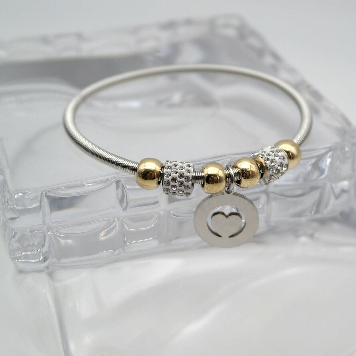 Bracciale elastizzato Donna charms sfera strass Cuore Braccialetto dorato