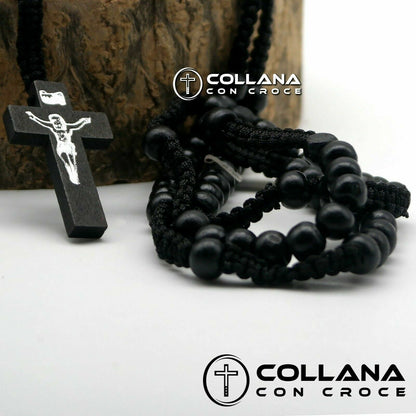 Collana Rosario in legno con perline nero e Crocifisso da Uomo per Donna Croce