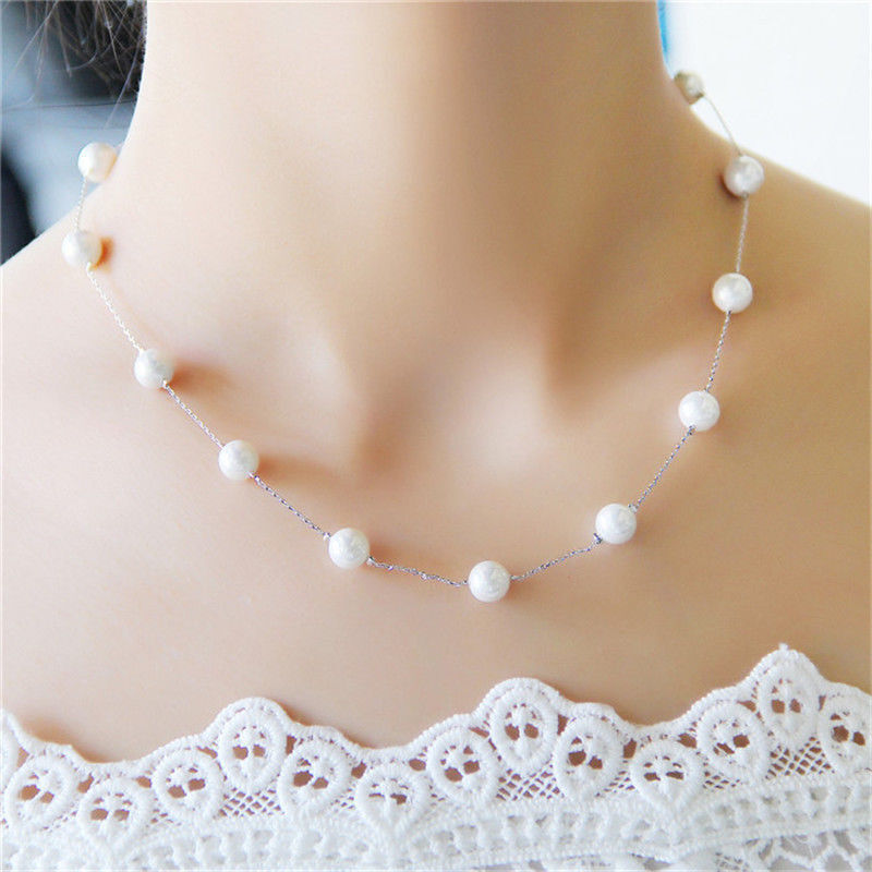 Collana DONNA Girocollo Color Silver con PERLE Perla 8mm