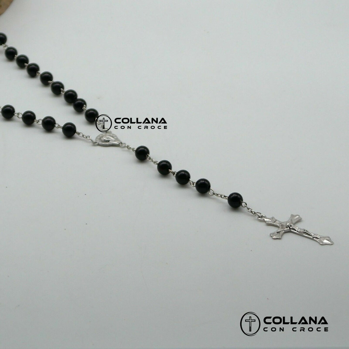 Collana lunga con perline nere Crocifisso e Maria da Donna Croce Rosario Uomo