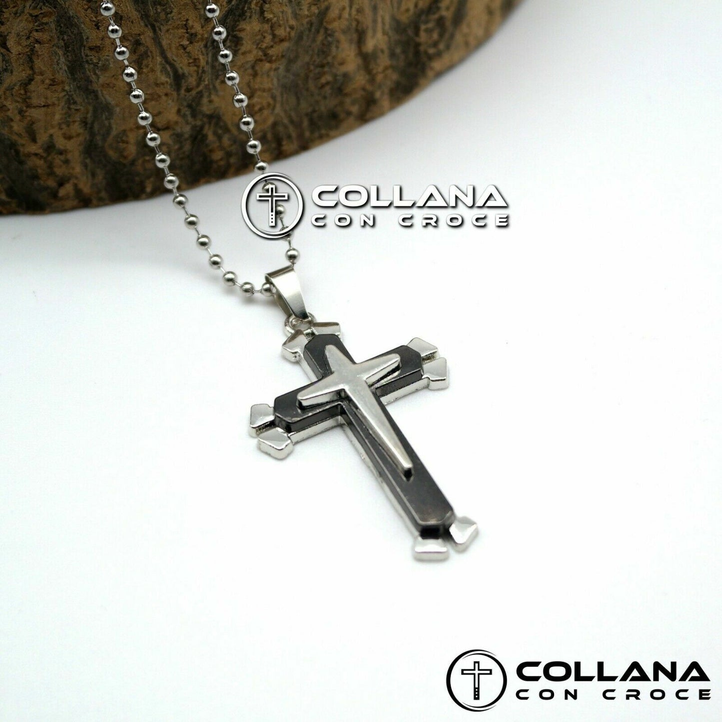 Collana con pendente Ciondolo a Croce Antracite e Silver da Uomo Catena