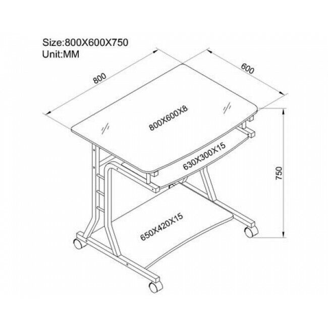 Scrivania per Computer PC Compatta in Metallo e Vetro con Ruote 80x60x75 cm MDF