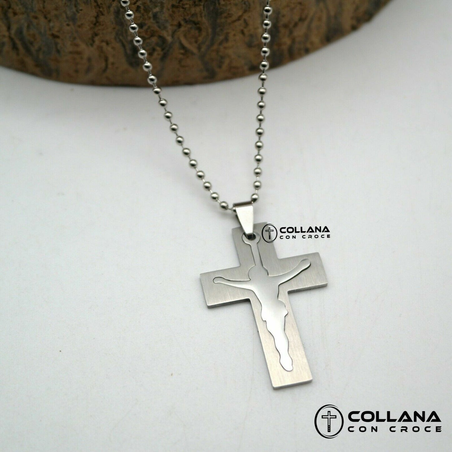 Collana con croce grande Design 3D per Uomo Catena e pendente Ciondolo Silver