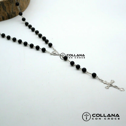 Collana lunga con perline nere Crocifisso e Maria da Donna Croce Rosario Uomo