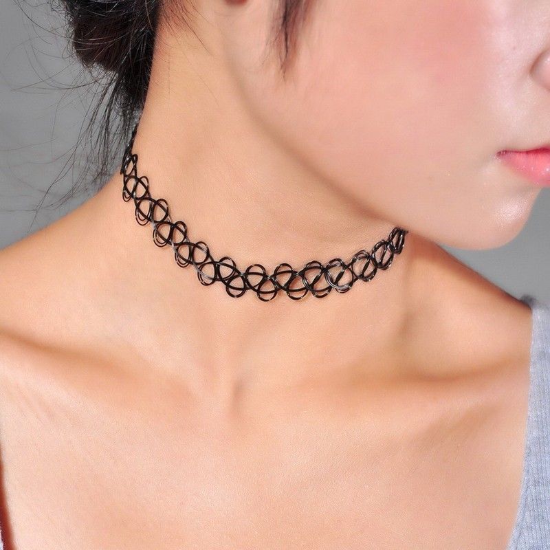 2x Collana Girocollo Elastico Stretch NERO Tatuaggio Tattoo Choker Hennè Retrò