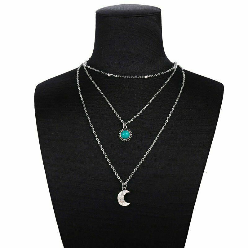 Multi Collana da Donna con pendente Luna catena girocollo Collanina Turchese