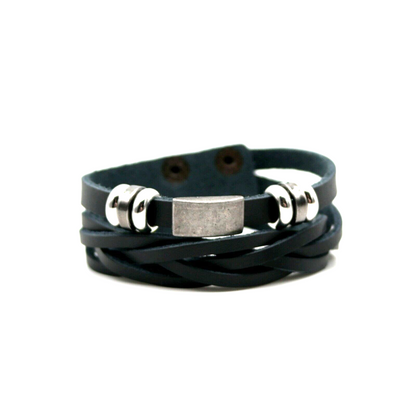 Multi Bracciale Braccialetto UOMO Ecopelle Doppio ad INTRECCIO NERO Intrecciato