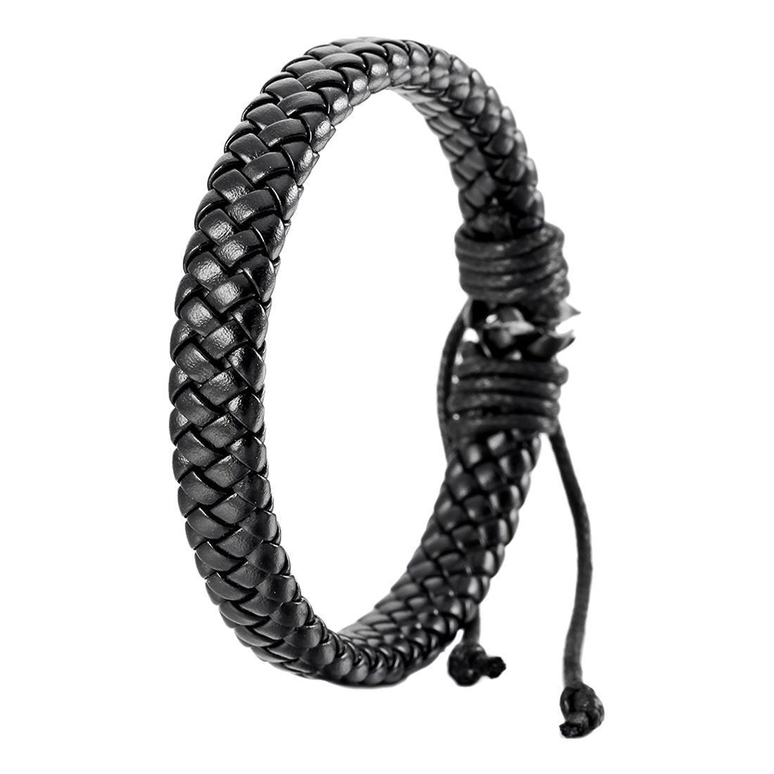 Bracciale Braccialetto UOMO Ecopelle Nero Regolabile Corda WRAP intrecciato