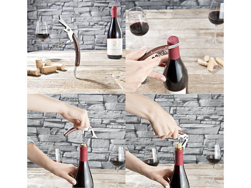 Set 3in1 Vino Sommelier Coltello con Cavatappi Apribottiglie manico legno