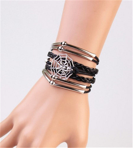 Bracciale da Uomo Ragnatela Gotico Punk braccialetto Nero intrecciato metallo