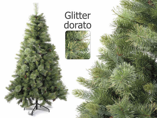 Pino Artificiale H 180 cm con 665 Rami Glitter e Pigne Albero di Natale vintage