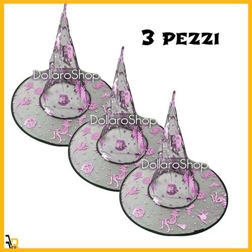 3 Cappelli per costume halloween decorazioni strega viola nero trasparente donna