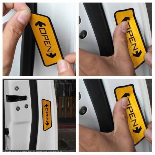 Set 4 Adesivo OPEN per portiera AUTO Sticker Sicurezza Riflettente 10x3cm Giallo