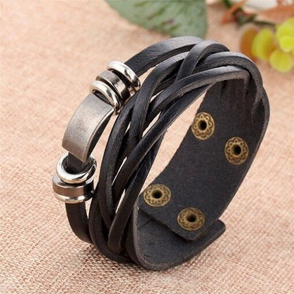 Multi Bracciale Braccialetto UOMO Ecopelle Doppio ad INTRECCIO NERO Intrecciato