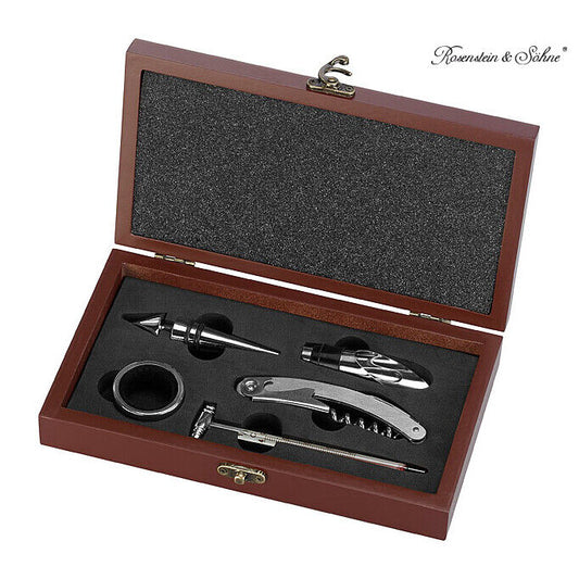 Set da Sommelier in Cofanetto di legno per Vino con 5 accessori Termometro Bar