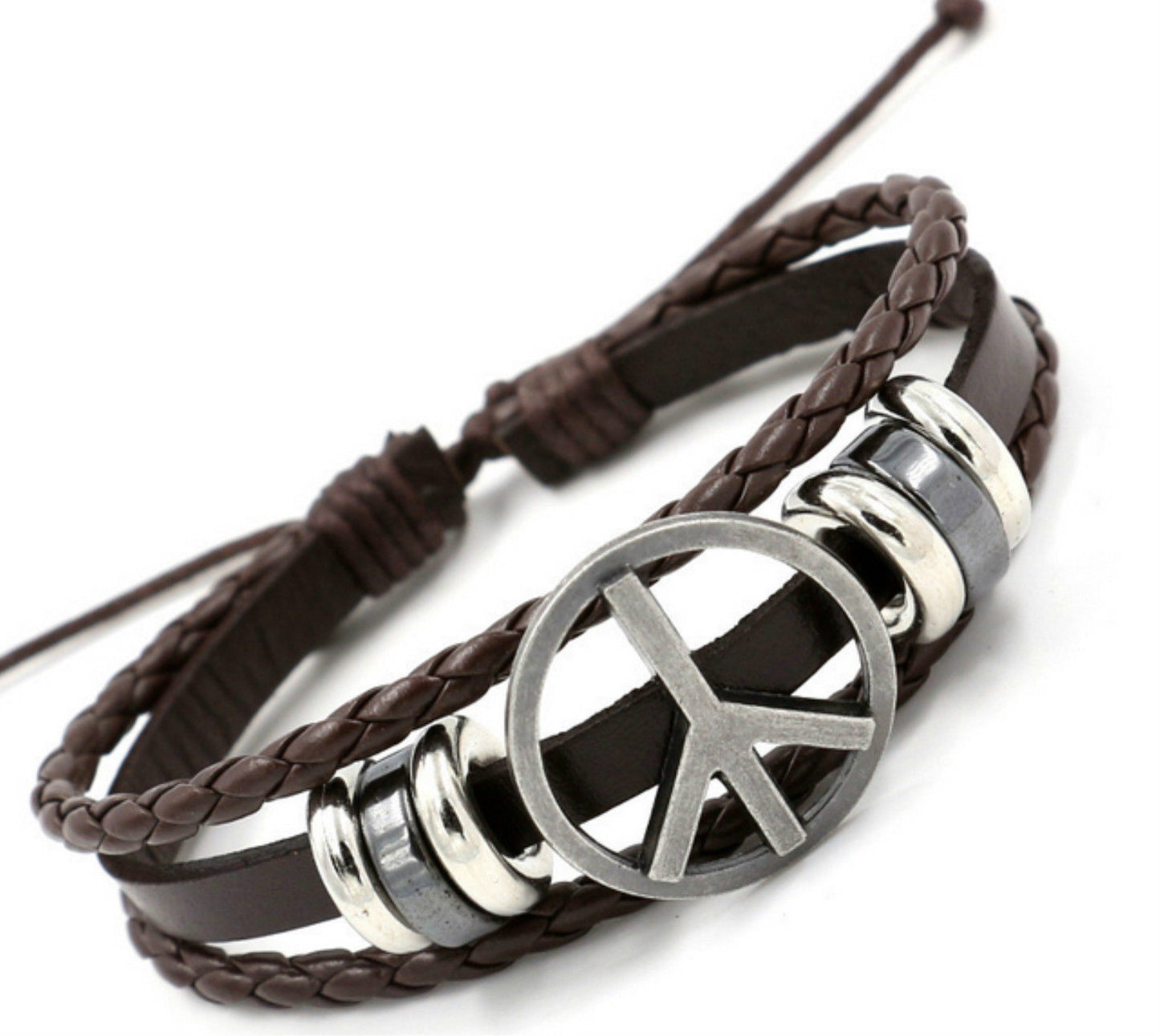 Bracciale da uomo Marrone Ecopelle PACE PEACE braccialetto ragazzo regolabile