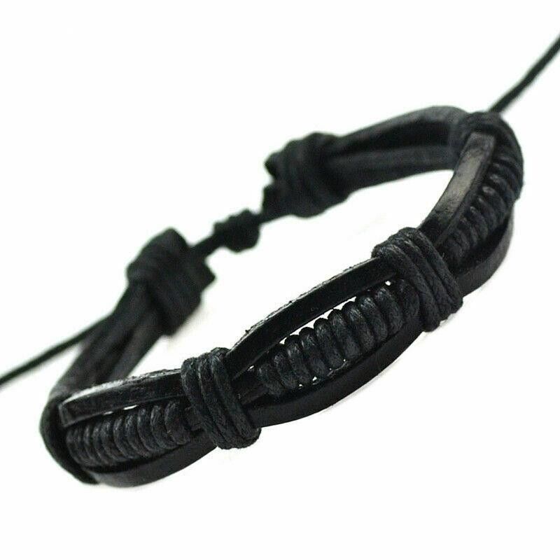 Bracciale Braccialetto da UOMO Ecopelle Nero Regolabile intrecciato