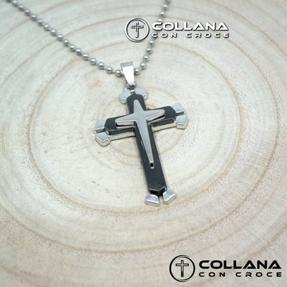 Collana con pendente Ciondolo a Croce Antracite e Silver da Uomo Catena