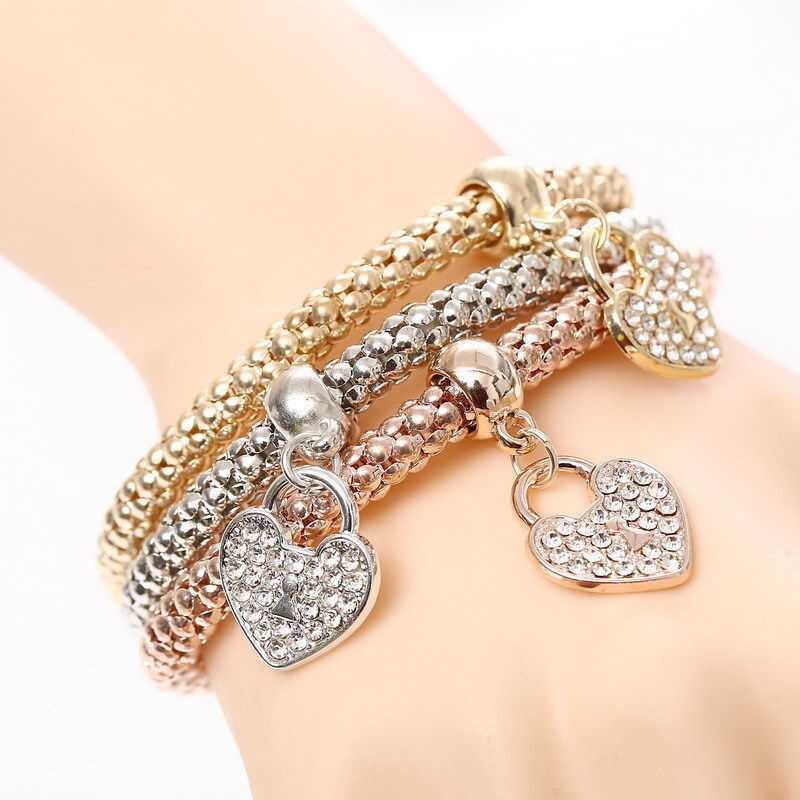 3x Bracciale Donna con Charms Cuore braccialetto bigiotteria a ragazza strass