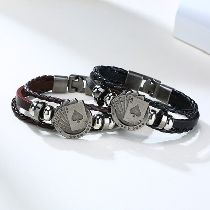 Bracciale Braccialetto da UOMO Ecopelle con Carte Poker Charms Nero o Marrone