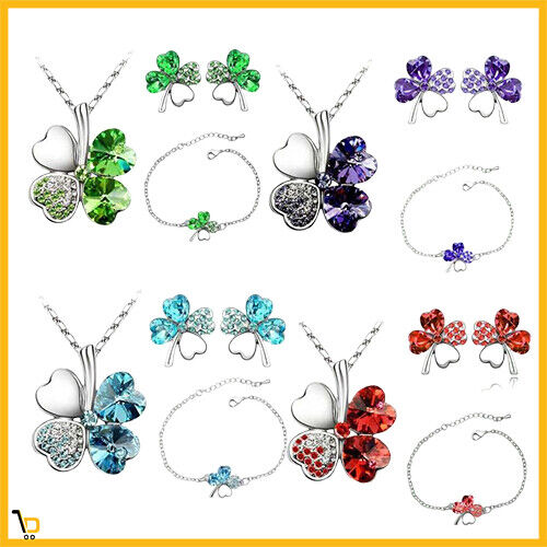 Collana donna quadrifoglio verde viola rosso azzurra bracciale orecchini fortuna