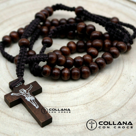 Collana Rosario perline marrone in Legno con Crocifisso da Donna Croce