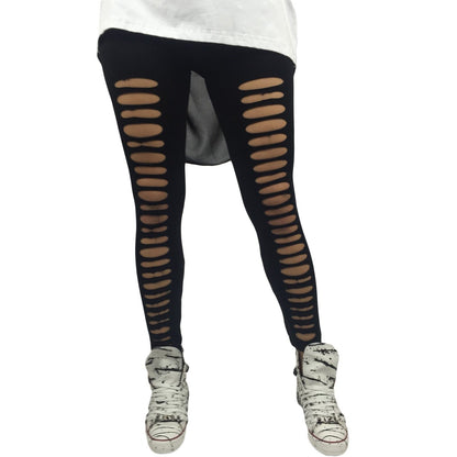 Leggings DONNA Strappato Punk pantacollant Strappi Strappati nero