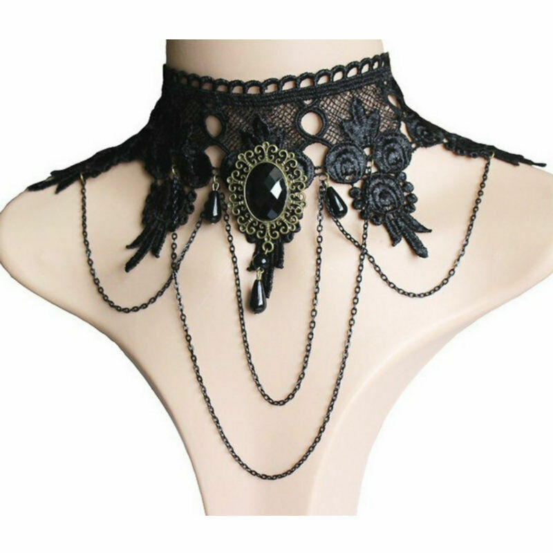 Collana Girocollo nera per Donna in pizzo fiori pietre Gotico Punk ragazza nero