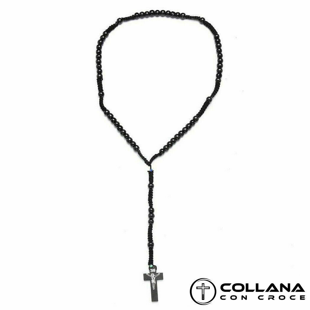 Collana Rosario in legno con perline nero e Crocifisso da Uomo per Donna Croce