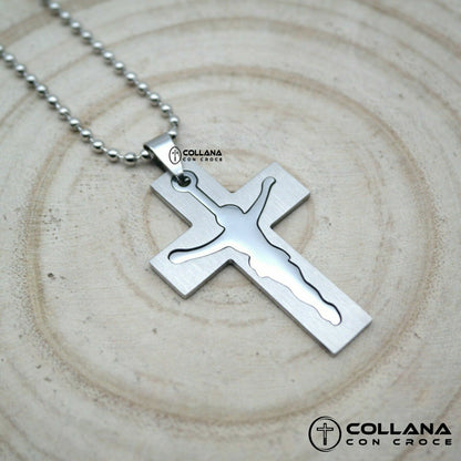 Collana con croce grande Design 3D per Uomo Catena e pendente Ciondolo Silver