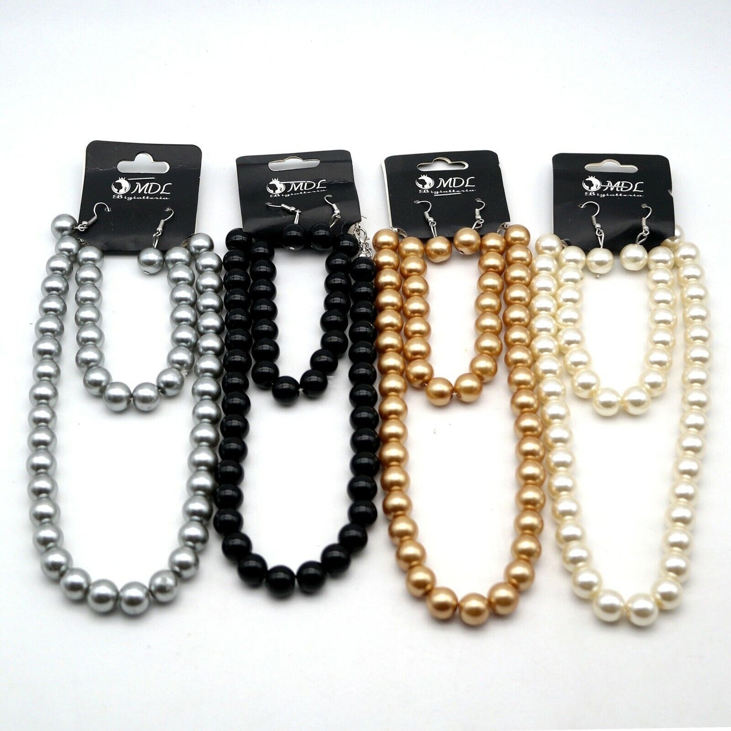 4x Parure Collana lunga perle orecchini bracciale nero argento bianco rosato