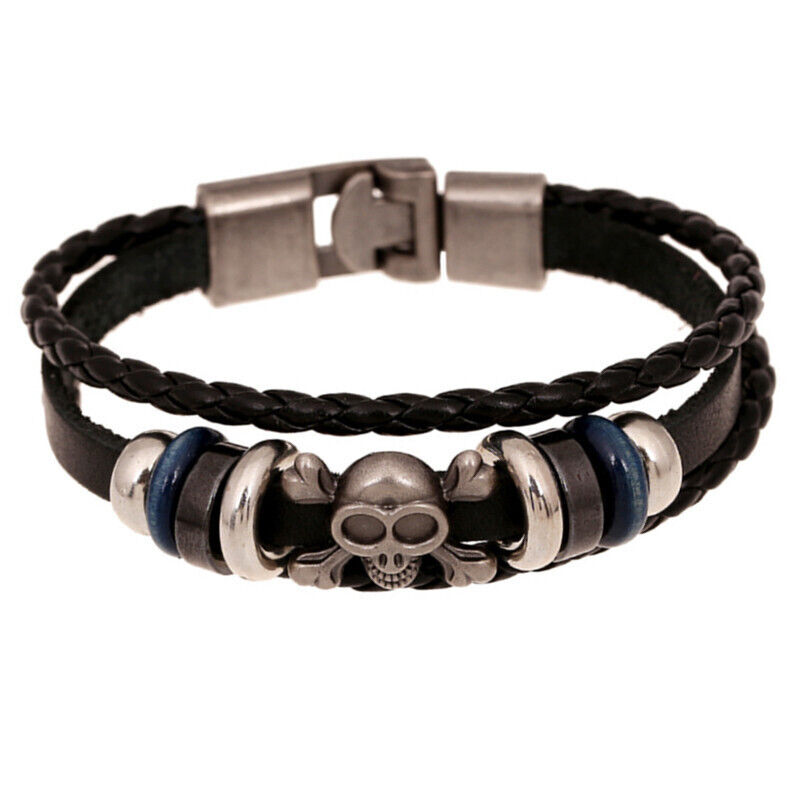 Bracciale Braccialetto UOMO Ecopelle con TESCHIO SKULL in METALLO