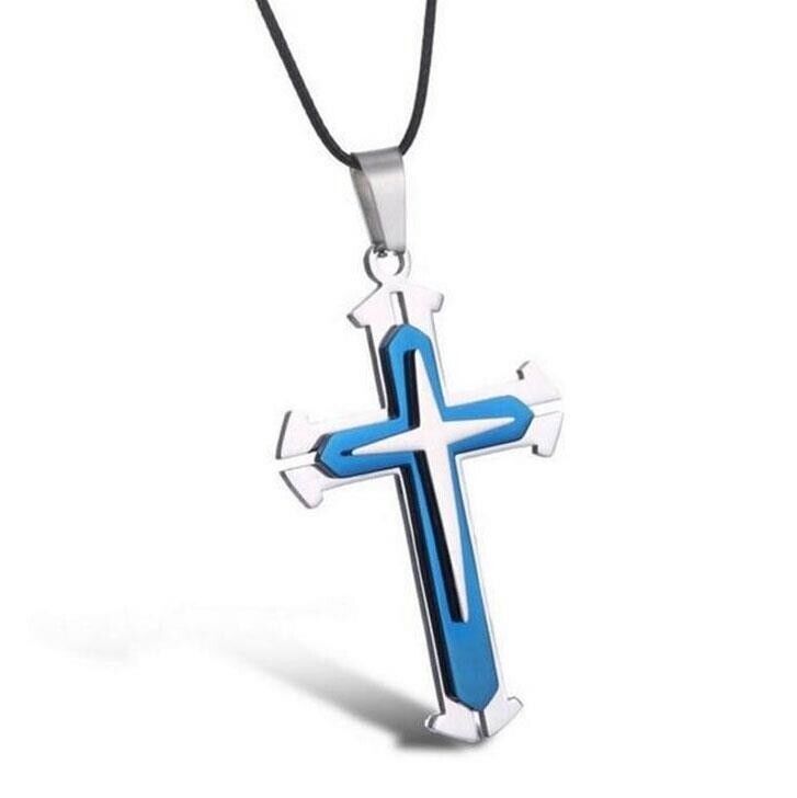 Collana con pendente Ciondolo a Croce Azzurra e Silver catena bicolore